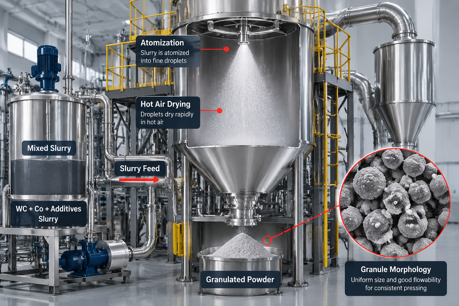 Spray drying and granulation equipment for carbide powder