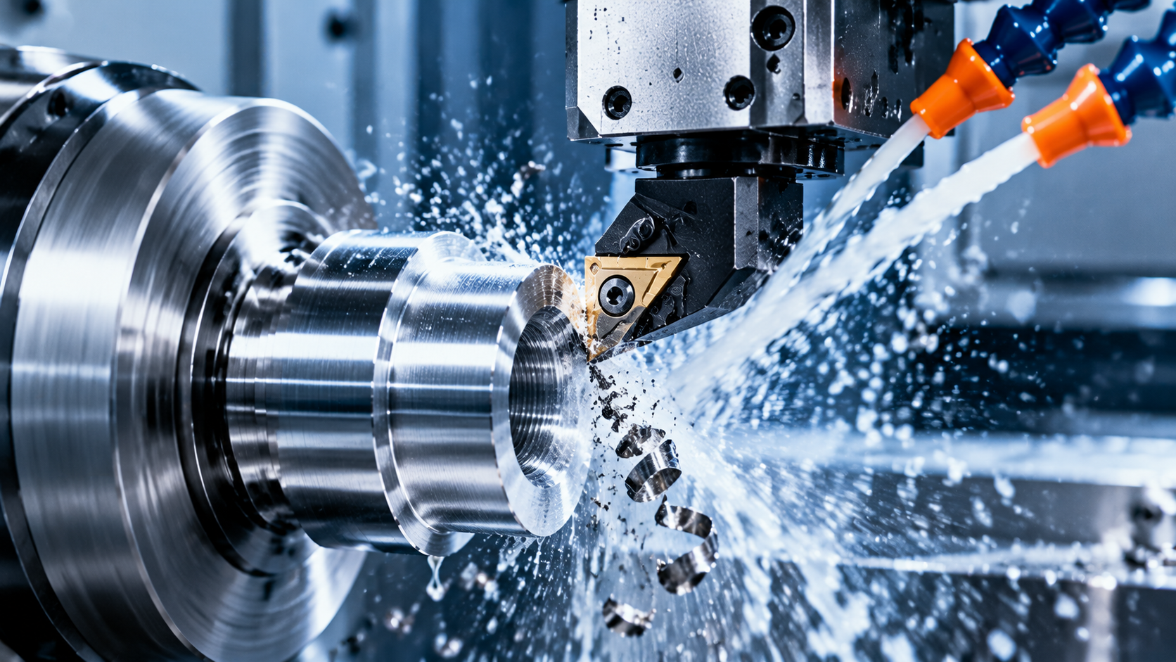CNC cutting insert machining metal with coolant spray